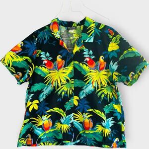Puanani Hawaiian Shirt Button Down Short Sleeves Parrot Print Leaves Cotton XXL